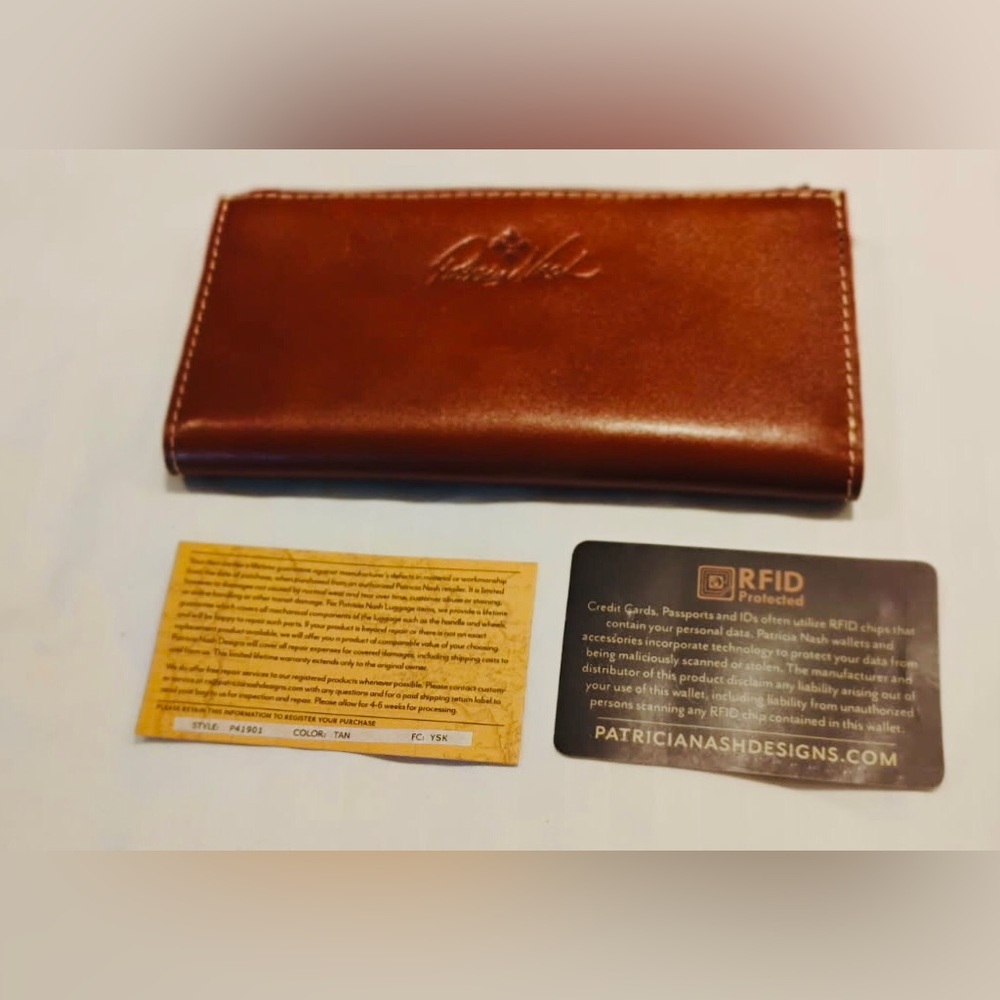 Patricia Nash Nazari Cognac Brown Leather RFID Wallet with Zip and Snap - Picture 2 of 10